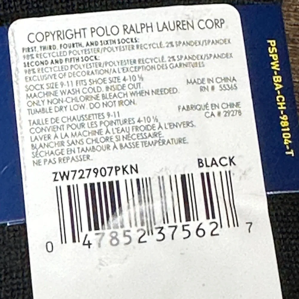 Polo‎ Ralph Lauren Socks NWT Women 9-11 Black Grey No-Show Liner 6 Pairs